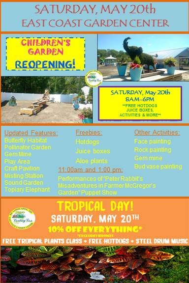TropDayChildrensGardenFeaturesFlier Children's Garden Re-Opening & Tropical Day! - East Coast Garden Center